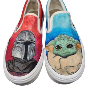 Mandalorian Star Wars Shoes Womens 6.5 Mens 5 Vans Slip Ons Custom Baby Yoda